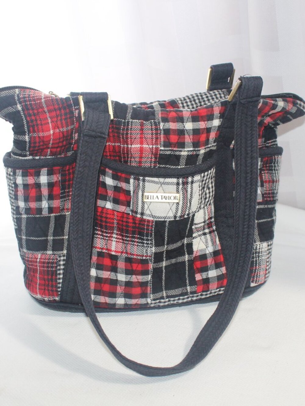 Bella Taylor Small Tote Patchwork Red Black Cream Plaid